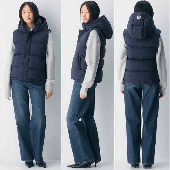 Aritzia Tna Women Medium Navy The Super Puff Vest Zip Hood  EUC - Picture 13 of 13